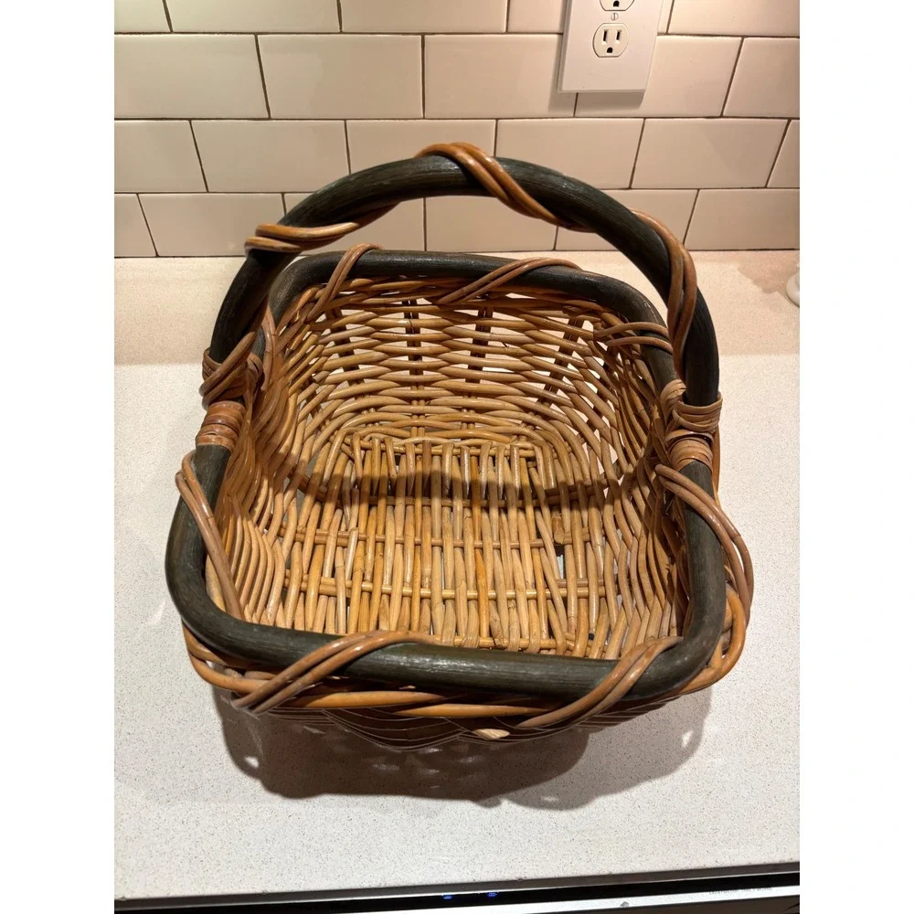 Vintage Woven Wicker Picnic Basket Two-Tone Green Handle Rectangular Farmhouse